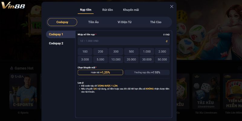 Nạp tiền Vin88 thông qua Code Pay