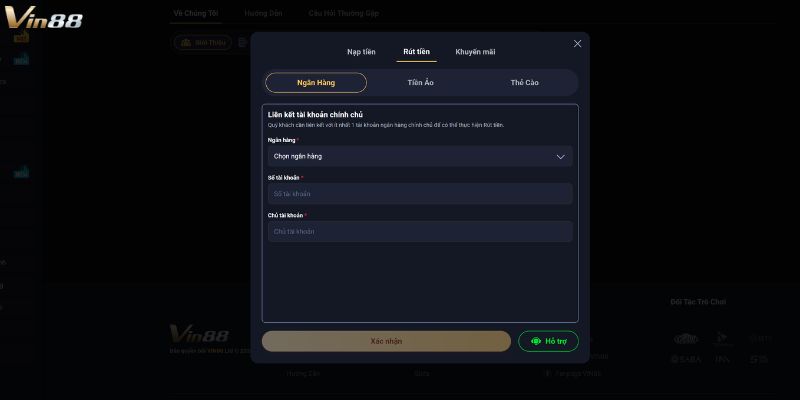 Rút tiền Vin88 thông qua tài khoản ngân hàng