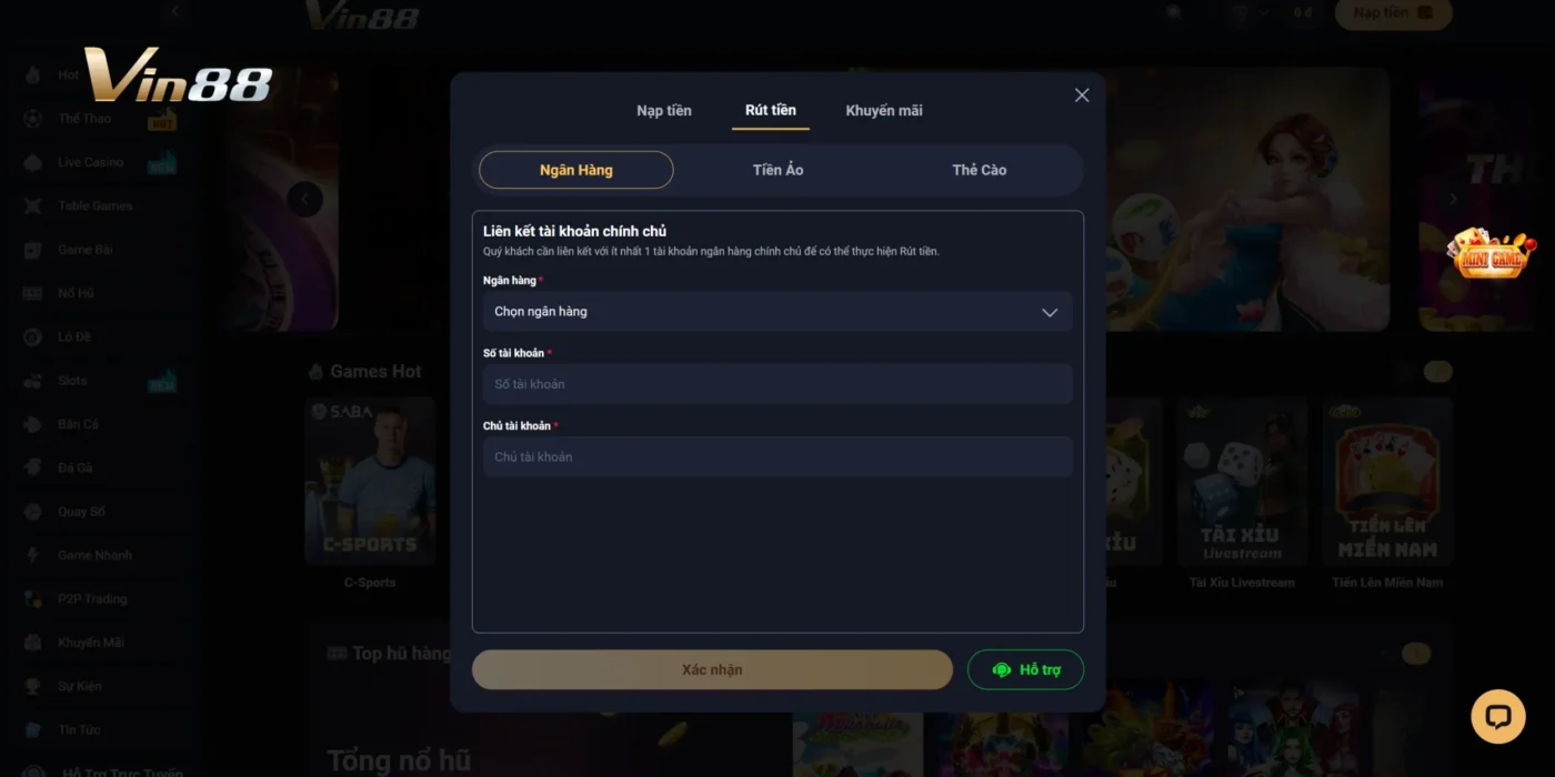 Rút tiền Vin88 bằng ngân hàng luôn đảm bảo an toàn